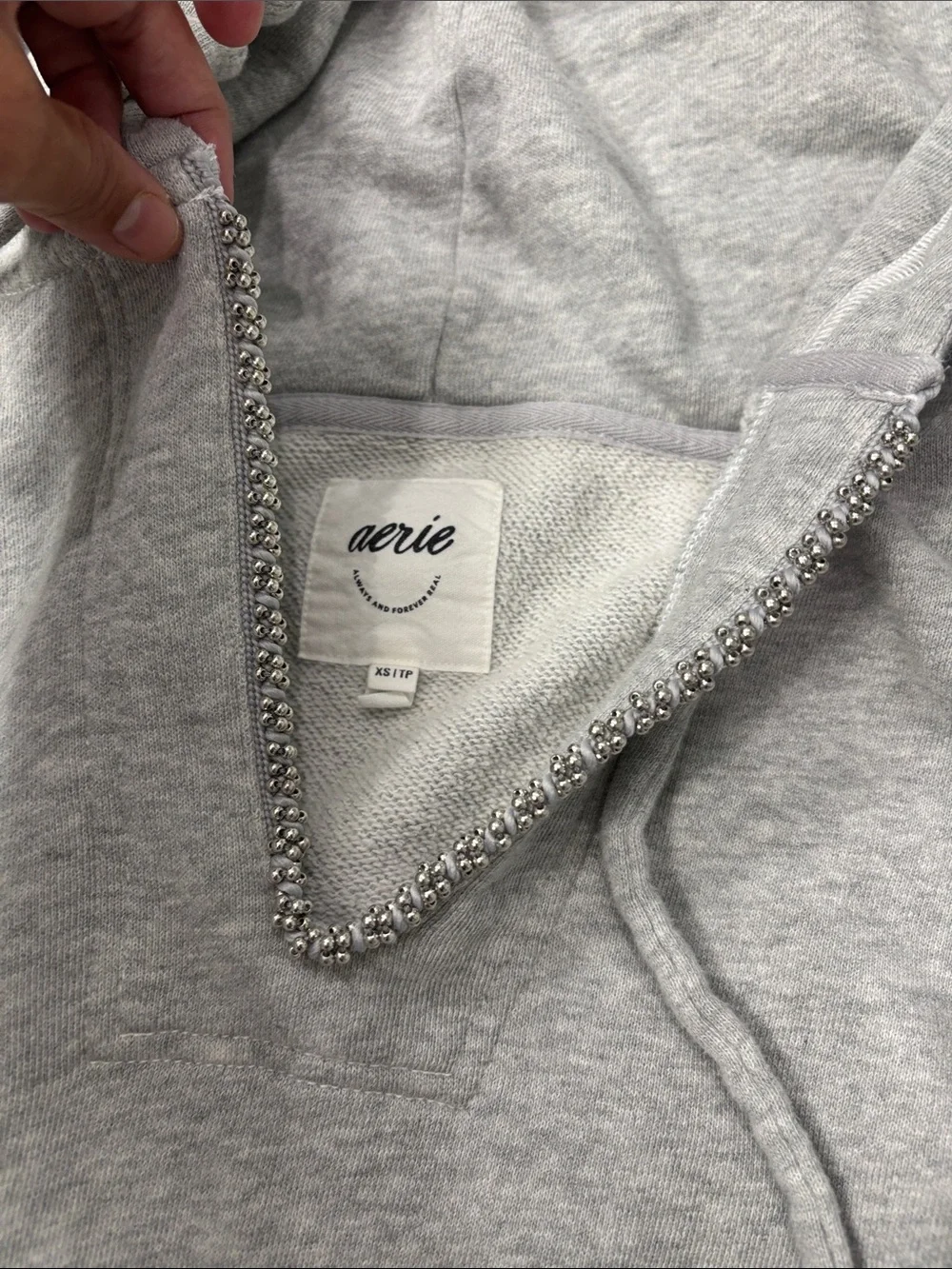 aerie Light Gray Jeweled neck croppe Hoodie